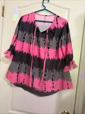 Tie-Dye Pink & Gray Peasant Tunic with Front Ties